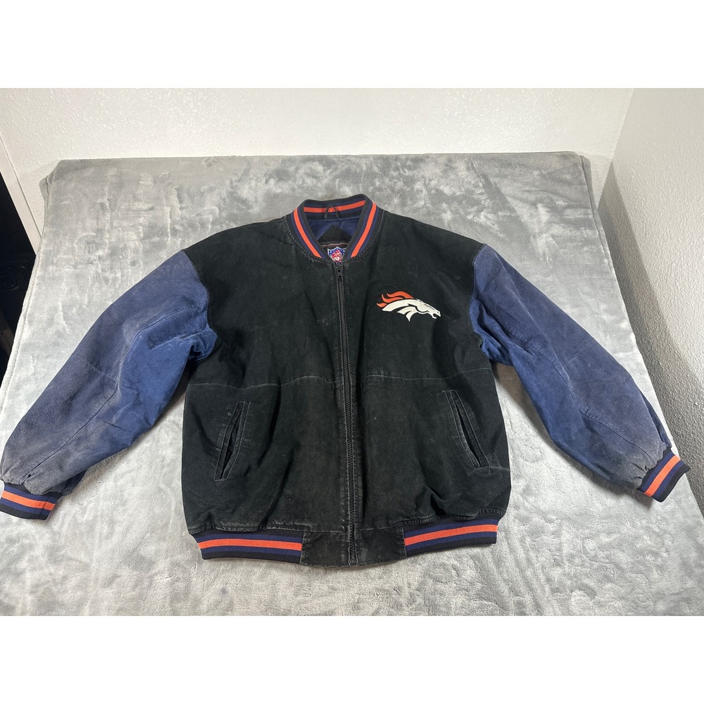 Vintage NFL Denver Broncos Suede Leather Varsity Jacket Mens M Black Blue